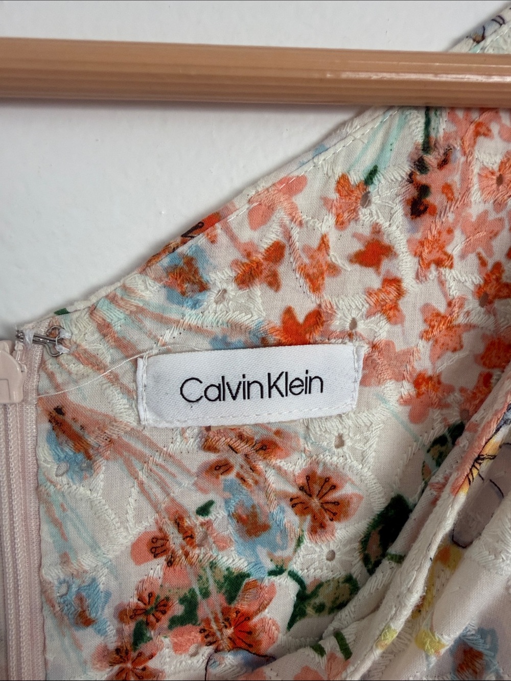Calvin Klein Cream Dress with Peach and Blue Floral Print - Picture 5 of 7